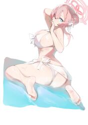 allied_hyakkiyako_academy_student blue_archive feet huge_ass huge_breasts inner_discipline_club_(blue_archive) mimori_(blue_archive) mimori_(swimsuit)_(blue_archive) partially_submerged rear_view shallow_water sitting smile soles toes