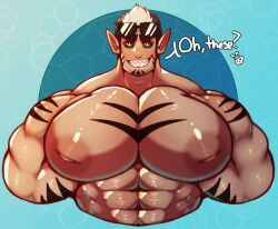 bara bara_tits big_pecs blush bottomless gay male male_only muscles muscular pointy_ears pteroscreams sharp_teeth smiling solo solo_male