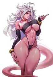 1girls 2023 android_21 android_21_(evil) athletic_female black_sclera dragon_ball dragon_ball_fighterz female_focus g-string hi_res huge_breasts latex long_hair looking_at_viewer majin majin_android_21 pink_body pink_skin red_eyes sayanestia seductive seductive_look tail voluptuous voluptuous_female white_hair