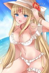 1girls a_link_between_worlds beach bikini blonde_hair bracelet bracelets diadem female female_only frilled_bikini kirishima_riona long_hair medium_breasts necklace princess_zelda sea seaside slim solo straight_hair straw_hat swimsuit the_legend_of_zelda thigh_band thigh_strap white_bikini white_swimsuit zelda_(a_link_between_worlds)