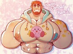 1boy bandaid bara bara_tits beard big_pecs bottomless facial_hair gay happy_birthday kirby kirby_(series) male male_only muscles muscular pteroscreams smile solo solo_male star stars