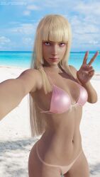 1girls 3d armpits athletic athletic_female bangs beach bikini bikini_tan bikini_top blonde_hair blue_eyes blunt_bangs bottomless breasts elferan emilie_de_rochefort eyeshadow female female_focus female_only hourglass_figure light-skinned_female light_skin long_hair looking_at_viewer makeup mascara navel nude outdoors outside pinup pinup_pose pussy selfie shaved_pussy slim_waist small_breasts solo summer tagme tan tan_body tan_skin tanline tekken tekken_8 v_sign vagina wide_hips