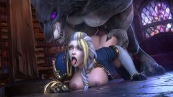 1boy 1boy1girl 1girls ahe_gao ass_grab big_breasts blue_eyes boots breasts doggy_style eyes_rolling_back female from_behind gloves jaina_proudmoore multicolored_hair nipple_piercing partially_clothed piercing sex sex_from_behind sex_on_floor tits tits_out tongue tongue_out warcraft white_hair worgen world_of_warcraft zentaeron