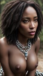 african african_female afro ai_generated big_lips black_women brown_eyes chained_up chains close-up cotton-picker dark-skinned_female dark_nipples dark_skin fake_photo fantasy field_worker huge_breasts short_hair slave slave_collar slavegirl ziggy25