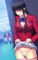 3girls advanced_nurturing_high_school_uniform black_hair black_thighhighs blazer blue_bow blue_bowtie blurry blurry_background bow bowtie breasts censored classroom_of_the_elite closed_eyes clothes_lift collared_shirt commentary_request daiaru egg_vibrator embarrassed hair_between_eyes hair_ribbon hallway highres horikita_suzune indoors jacket large_breasts lifted_by_self long_bangs long_hair long_sleeves mosaic_censoring multiple_girls open_mouth panties panty_pull pink_panties pleated_skirt public_indecency public_nudity pussy red_eyes red_jacket ribbon school_uniform sex_toy shirt skirt skirt_lift solo_focus tape tape_on_pussy thighhighs underwear vibrator vibrator_on_clitoris white_ribbon white_shirt white_skirt youkoso_jitsuryoku_shijou_shugi_no_kyoushitsu_e