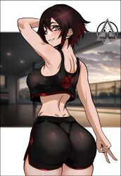 1girls ass big_ass big_butt blush blushing blushing_at_viewer breasts butt commission dizzle_tan from_behind from_behind_position gray_eyes grey_eyes gym_clothes gym_shorts gym_uniform light-skinned_female light_skin looking_at_viewer red_hair rooster_teeth ruby_rose rwby short_hair smile smiling smiling_at_viewer solo solo_female solo_focus training