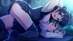 07th_expansion 2girls ass black_hair black_skirt blush breast_press breasts cosplay crossover embarrassed game_cg green_eyes green_hair higurashi_no_naku_koro_ni higurashi_no_naku_koro_ni_mei looking_at_viewer loose_thighhigh lying lying_on_person miniskirt mion_sonozaki multiple_girls night official_art on_back on_top open_clothes open_mouth open_shirt pleated_skirt saionji_sekai school_days school_uniform sekai_saionji shirt skirt smile thighhighs white_shirt yuri