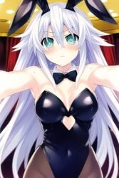 ai_generated armpits arms_up black_heart blue_eyes blush bowtie bunny_ears bunnysuit cleavage detached_collar front_view frown leotard long_hair looking_at_viewer neptunia_(series) noire pantyhose solo stable_diffusion straight_hair sweat white_hair