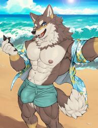 abs anthro armpit_hair beach biceps bodily_fluids body_hair bulge canid canine canis clothed clothing detailed_bulge furry furry_only genital_outline hi_res male male_only mammal muscular muscular_male ogami_aratsuka open_clothing open_shirt open_topwear pecs penis_outline rossciaco scar seaside shirt solo sweat topwear virtual_youtuber vtuber wolf