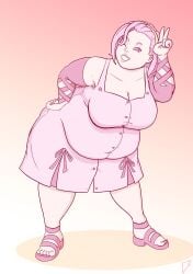 1girls bbw diamond_is_unbreakable fat fat_arms fat_legs fat_woman female female_only inflation jojo's_bizarre_adventure pink_clothing pink_eyes pink_hair reimi_sugimoto solo