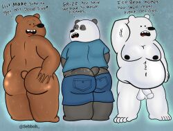 anthro ass balls bear bodily_fluids cartoon_network dialogue embarrassed genitals grizzly_(wbb) group happy hi_res ice_bear male male/male mammal moobs nipples panda_(wbb) penis sebboh sweat sweatdrop sweaty_butt trio we_bare_bears