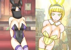 2girls big_breasts black_hair blonde_hair bunny_ears_headband bunny_outfit cleavage kanisuka_rita mokuro_(artist) ohsama_sentai_king-ohger purple_eyes ran_himeno super_sentai tagme yellow_eyes