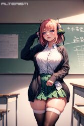 ai_generated alterism blue_eyes cardigan classroom collared_shirt female_only go-toubun_no_hanayome hair_ornament indoors large_breasts looking_at_viewer nakano_nino naughty_face pleated_skirt red_hair school_uniform short_hair skindentation skirt stable_diffusion standing thick_thighs thighhighs