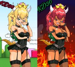 1girls abs absurd_res artist_name bare_arms bare_shoulders big_ass big_breasts big_butt black_dress blonde_female blonde_hair blue_earrings bowsette breast_hold breast_press breast_squeeze breast_squish breasts brown_skin choker cleavage clothing cloud clouds crown curvaceous curves curvy curvy_body curvy_female curvy_figure curvy_hips curvy_thighs dress earrings erect_nipples female female_abs female_focus female_only fire fire_background garter garter_straps horns hourglass_figure kiokendragon long_blonde_hair looking_at_viewer looking_pleasured mario_(series) new_super_mario_bros._u_deluxe nintendo nipple_bulge outdoors pink_lips pointed_ears pointy_ears ponytail red_bowsette red_eyes red_hair red_lips round_ass round_breasts round_butt sharp_fangs sharp_horn sharp_teeth shell shiny_ass shiny_breasts shiny_butt shiny_clothes shiny_hair shiny_skin shiny_thighs smile smiley_face smiling smiling_at_viewer solo spike_bracelet spiked_collar spiked_shell spikes super_crown tagme tail tan tan_body tan_skin teeth thick thick_ass thick_butt thick_hips thick_legs thick_thighs thigh_gap thighhighs thighs thighs_bigger_than_head tied_hair voluptuous voluptuous_female watermark white_skin