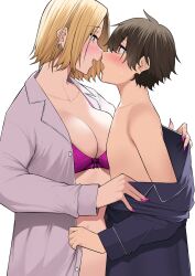 1boy 1girls big_breasts bigger_female blush bra cleavage close-up earrings eyebrows_visible_through_hair eyes_visible_through_hair grabbing_clothing gyaru hamazaki_reina imaizumi_(imaizumin-chi) imaizumin-chi_wa_douyara_gal_no_tamariba_ni_natteru_rashii imminent_sex nail_polish nori5rou open_mouth original pajamas short_hair smaller_male standing sweating taking_clothes_off taller_girl unbuttoned_shirt white_background