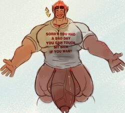 balls bara bara_tits big_balls big_pecs big_penis blush closed_eyes facial_hair flaccid gay huge_cock male male_only muscles muscular oc original_character pantsless pen_(pteroscreams) penis pteroscreams red_hair shirt solo solo_male tail