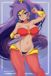 1girls belly_dancer belly_dancer_outfit blue_eyes breast_press cute dancing elpuer_cotote female female_only functionally_nude genie hips huge_breasts jewelry midriff open_mouth panties ponytail purple_hair shantae shantae_(character) smooth_skin translucent_clothing voluptuous wayforward