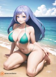 1girls 2023 ai_generated beach big_breasts bikini blue_bikini blue_eyes blue_hair breasts cameltoe curvy detailed feet hadou_nejire hi_res huge_breasts illumaru kneeling long_hair looking_at_viewer my_hero_academia navel nejire_hado ocean on_sand sea seductive seductive_smile sky smile solo solo_focus stable_diffusion thick thick_thighs voluptuous