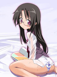 black_hair glasses kneeling lucky_star panties purple_eyes sweat tamura_hiyori underwear