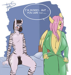 anthro anthrofied balls big_breasts breasts dumb_girl equine female flaccid fluttershy_(mlp) freckles_(artist) friendship_is_magic horse my_little_pony penis pony robe straight_hair text tiny_penis zebra