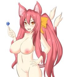 blazblue blush breasts cat_ears cat_tail glasses hair kokonoe large_breasts nude pink_hair ribbon sucker yellow_eyes