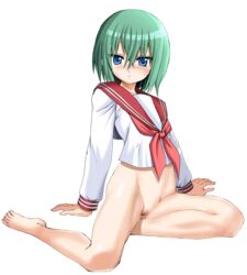 blue_eyes bottomless feet gif green_hair harukigenia lucky_star minami_iwasaki pussy school_uniform serafuku short_hair static_gif transparent_background vagina