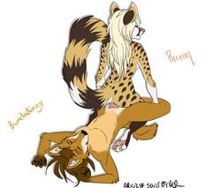 anthro arya canine dingo female fur furry genet male mammal reverse_cowgirl_position sex spots straight stripes