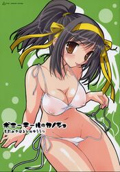 alternate_hairstyle ayano_naoto bikini black_hair blush breasts brown_eyes cleavage cover cover_page doujinshi erect_nipples hair_ribbon hairband high_res highres large_breasts long_hair mizugi oppai ponytail ribbon see-through short_hair side-tie_bikini suzumiya_haruhi suzumiya_haruhi_no_yuuutsu swimsuit tied_hair tongue undressing untied