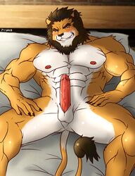 abs anthro balls bed biceps big_muscles cum erection feline fur furry hair hentist lion male male_only muscles penis solo