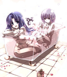 2girls asakura_ryouko barefoot bath bathtub breasts feet female female_with_female flat_gaze medium_breasts multiple_girls nagato_yuki nude petals see-through suzumiya_haruhi_no_yuuutsu tagme yuri