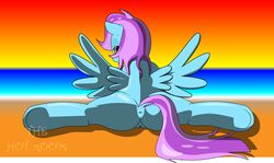 anus ass beach blue_fur dekomaru equine female grey_eyes gumbolt hooves horse looking_at_viewer looking_back my_little_pony open_mouth original_character outside pegasus pony pussy raised_tail sea seaside sitting solo spread_legs spreading text thehotroom two_tone_hair water wet_hair wings