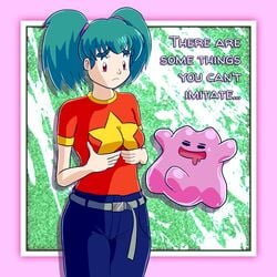 blue_hair breast_grab breasts closed_eyes ditto drooling duplica_(pokemon) english_text erection female hair human nintendo penis pokemon pokemon_(species) pokephilia red_eyes saliva text tied_hair twintails unknown_artist video_games what