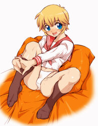 blonde_hair blue_eyes blush ez6 female female_only hands_clasped highleg highleg_panties human interlocked_fingers kneehighs knees_on_chest lucky_star no_shoes open_mouth panties patricia_martin pillow school_uniform serafuku short_hair socks solo spread_legs underwear