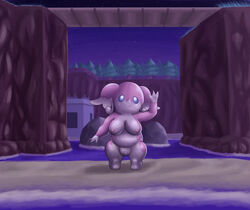 audino big_breasts big_ears big_thighs blue_eyes breasts bridge color front_view hi_res high_resolution looking_at_viewer night nintendo nude ole outdoors pokemon pokephilia pussy raised_arm smile standing video_games water