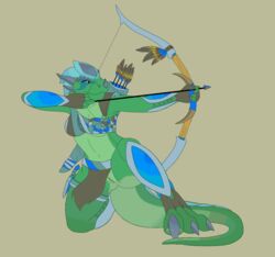 animated anthro bow_and_arrow cleavage dinosaur female genesis_(kabier) kabier kneeling knife lizard loincloth midriff pussy raptor reptile scalie solo solo_female upskirt