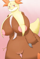 anthro big big_breasts big_nipples blush breasts brown_fur brown_nose canine delphox dralf female fennec fox fur happy juice looking_at_viewer mahoxy nintendo nipples open_mouth orange_eyes orange_fur pink_background plain_background pokemon pokemon_xy pussy pussy_juice shadow shiny smile solo standing stick video_games white_fur yellow_fur