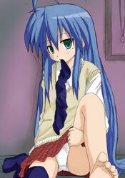 asymmetrical_clothes barefoot blue_hair clothes feet female green_eyes hair hirondo human konata_izumi long_hair lucky_star mole mouth_hold panties pantyshot shimahiro single_thighhigh skirt sweater thighhighs toes underwear