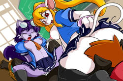 anthro ass breasts canine cum cum_inside eyewear facesitting female frizzy fur furry glasses group kingofkof male miles_(kingofkof) mouse necktie open_mouth rodent sex shonuff skirt squeek stockings straight student teacher teachers_pet threesome