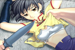 arms_up bra brown_eyes female grey_hair imminent_rape knife phantom_of_inferno pov shirt_lift small_breasts sports_bra subtitled text threat underwear