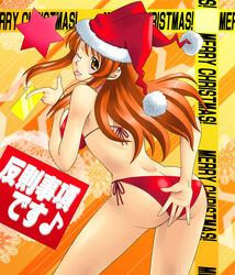 asahina_mikuru ass_cleavage bikini butt_crack christmas hat human human_only jester_cap letter long_hair love_letter mizugi santa_costume santa_hat suzumiya_haruhi_no_yuuutsu swimsuit tongue wink yaso_shigeru yellow_eyes