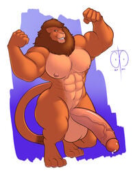 2013 4_toes 5_fingers abs anthro balls big big_balls blue_background brown_hair cinnamon_(character) cum cum_on_penis erection feline fist flexing freckles_(artist) hair happy lion male male_only mane navel nipples nude pecs penis pink_nose plain_background precum raised_arm shadow shiny short_hair smile solo soto teeth vein