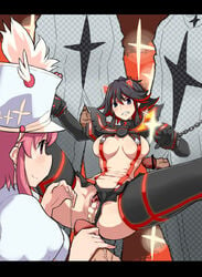 2girls after_sex black_hair black_legwear black_thigh_boots blue_eyes blush bondage breasts censored chains clenched_teeth cum cum_string cumdrip embarrassed group_sex hat high_resolution hourglass_figure hu_sea jakuzure_nonon kill_la_kill long_hair matoi_ryuuko medium_breasts multicolored_hair multiple_boys multiple_girls one-star_student_(kill_la_kill) pattern_legwear penis pink_eyes pink_hair pussy red_hair school_uniform senketsu short_hair skirt smile studio_trigger suspenders thigh_boots two_tone_hair veins veiny_penis