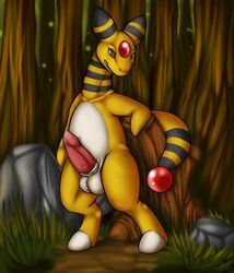 ampharos bald balls barefoot color cum erection feral front_view grass happy hi_res male male_only namarx7 night nintendo nude orange_eyes orb outdoors penis plant pokemon pokemon_(species) precum raised_arm red_penis rock shadow shiny smile solo standing tail teeth tree vein video_games white_eyes wood yellow_nose