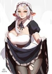 1girls absurd_res big_breasts cleavage clothes_lift female female_only fishnet_pantyhose fishnets goat_ears goat_girl green_eyes hairclip long_hair looking_at_viewer maewix1 maid maid_headdress maid_uniform muna_(maewix) smiling smiling_at_viewer solo torn_fishnets torn_pantyhose white_hair