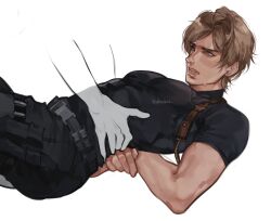 ambiguous_gender arched_back arms_behind_back charluiu feminine_male fully_clothed gripping_waist hands_on_waist leon_scott_kennedy male_focus male_only pretty_boy resident_evil restrained small_waist