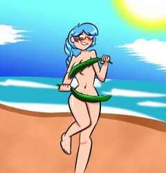 1girls beach blue_hair blush breasts completely_naked completely_naked_female completely_nude completely_nude_female covering embarrassed embarrassed_nude_female enf female female_only navel nude nude_female ocean revrookington solo summer_(undercoverskeleton) uc-four