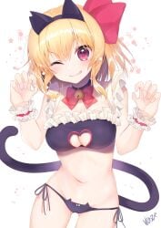 1girls ;q absurdres animal_ears bare_arms bare_shoulders bell black_bra black_choker black_panties blonde_hair blush bow bow_panties bowtie bra breasts cat_ears cat_lingerie cat_tail choker claw_pose cleavage cleavage_cutout clothing_cutout collar commentary_request fake_animal_ears fake_tail female frilled_bra frills groin hair_between_eyes hair_ribbon hands_up head_tilt highres jingle_bell looking_at_viewer medium_breasts meme_attire navel neck_bell nenobi_(nenorium) one_eye_closed panties red_bow red_bowtie red_eyes red_ribbon ribbon rumia short_hair side-tie_panties simple_background solo star_(symbol) stomach tail thighs tongue tongue_out touhou underwear white_background wrist_cuffs