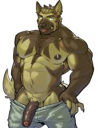 absurd_res anthro areola canid canine eyebrows foreskin genitals glans half-erect hi_res humanoid_genitalia humanoid_penis kiwi_hugh male mammal muscular muscular_anthro muscular_male nipples pecs penis simple_background solo tail tongue tongue_out white_background