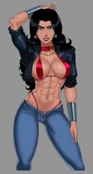 1girls amazon black_hair black_jacket bracelet bracers breasts choker cleavage collar dc dc_comics donna_troy ear_piercing earrings female female_only fully_clothed jacket jeans large_breasts looking_at_viewer red_bikini revealing_clothes silver_bracelet solo solo_female solo_focus star_earrings sunsetriders7 tagme thong wonder_girl wonder_woman_(series)