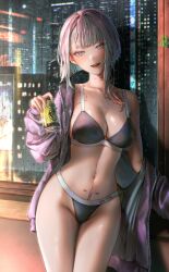 1girls beer big_ass big_breasts cd_projekt_red cleavage cybernetics cyberpunk:_edgerunners cyberpunk_2077 female female_only light-skinned_female light_skin looking_at_viewer lucyna_kushinada multicolored_hair open_clothes panties pov studio_trigger tagme tamaji thick_thighs